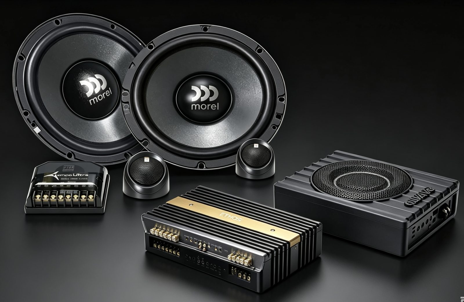 Gold package components — Morel, Ethos & Awave speakers, amplifier and subwoofer supplied by Han Revolution