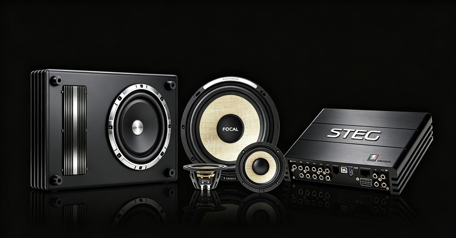 Diamond package components — Focal, Steg & Rockpower speakers, amplifier and subwoofer supplied by Han Revolution